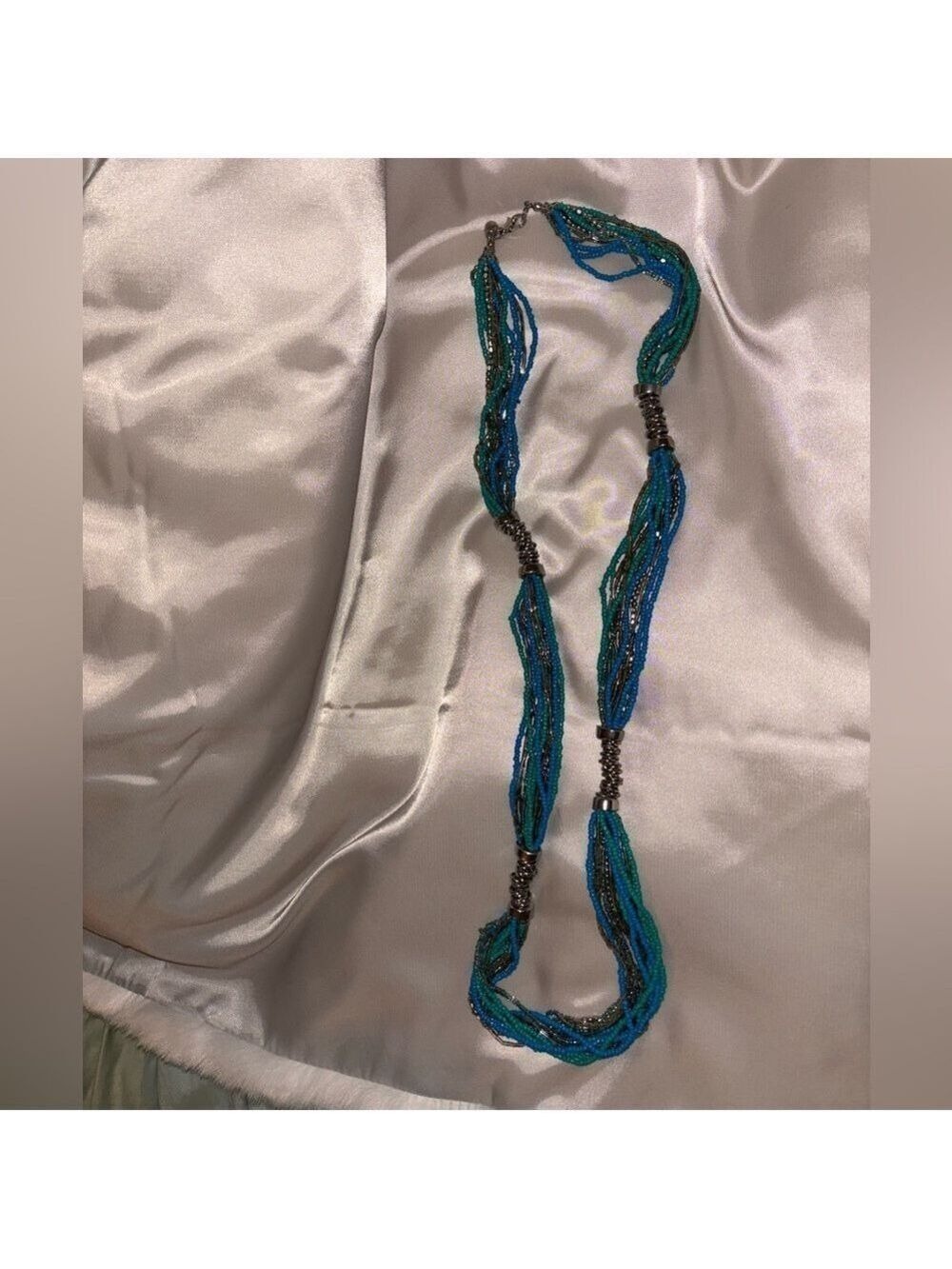 Elegant Long Blue/Green/Silver Beaded Necklace